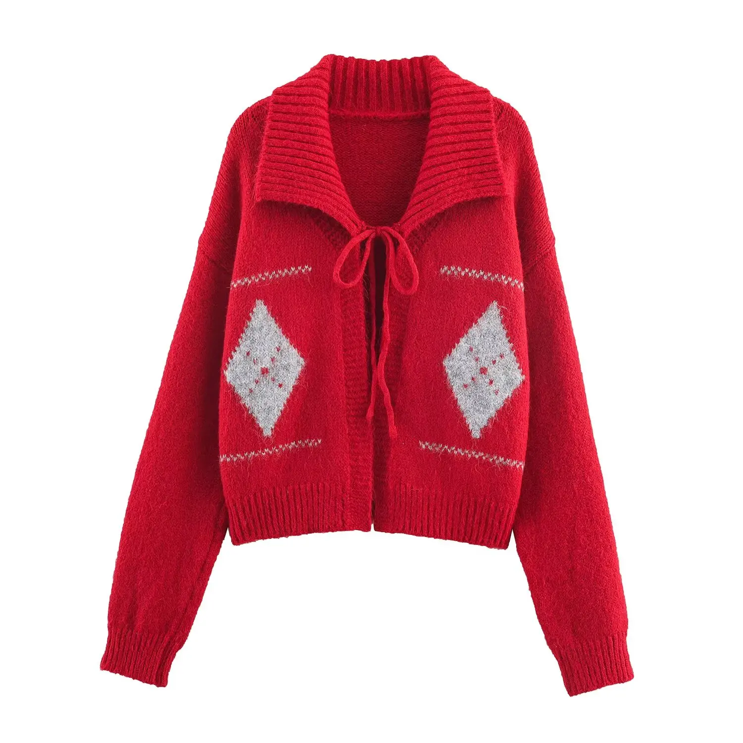 Women British Style Autumn Winter Knitted Cardigan Female V-Neck Diamond Pattern Frenum Long Sleeved Commute Sweater Streetwear