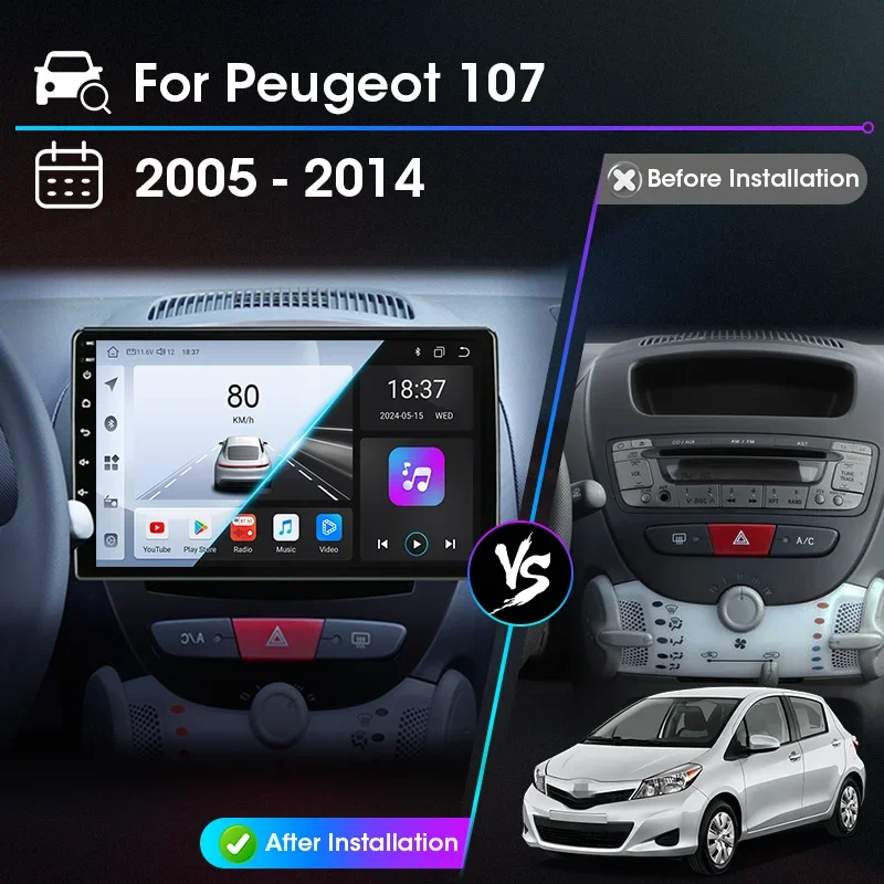 Radio inalámbrica Carplay Android para coche Peugeot 107 Citroen C1 Toyota Aygo 2005 -2014 reproductor Multimedia navegación GPS estéreo 2