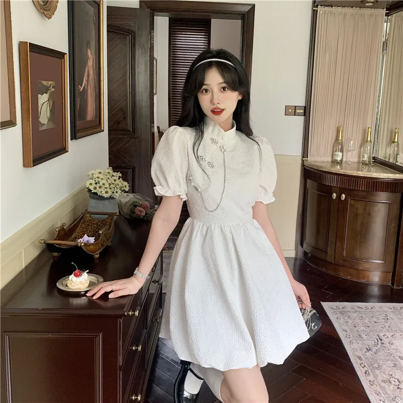 

New Chinese Fashion Cheongsam Mini Doll Dress Stand Collar Puff Sleeve Little Ball Gown Dress Small Girl Black White Party Dress