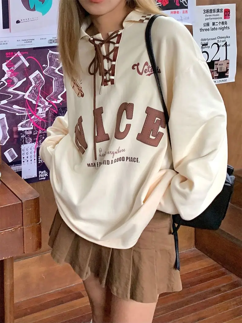 Harajuku Polo Korea Sweatshirt Oversized Women Pullover Vintage Streetwear Letter Print Long Sleeve Tops 2023 Fashion Designer