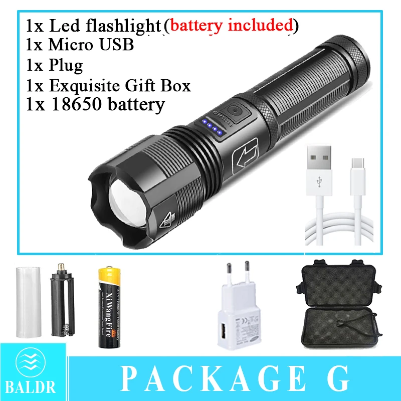 brightest flashlights BALDR Portable Zoom Led Flashlight High Power USB Rechargeable Tactical Flashlight XHP70.2 Hunting Camping Torch 5 Mode Lantern best tactical torch Flashlights