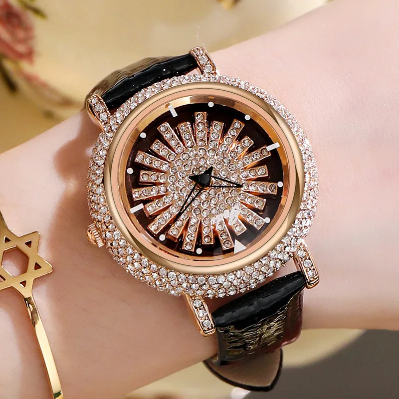 Elegant women's watch, luxurious lightweight diamond set, 360° running watch, water-resistant, made of genuine leather, fashionabl...