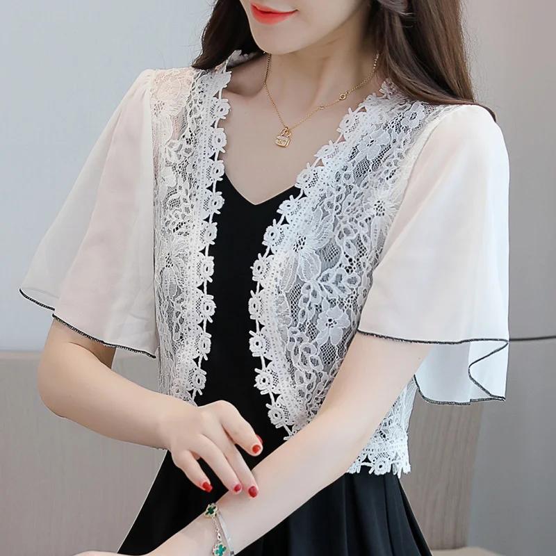 3506 기모노 짧은 여름 코트, 얇은 자외선 차단 코트, 레이스 코트, 여성 쉬폰 소매 가디건 코트, 얇은 섹시 블랙 화이트