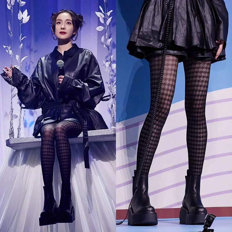 스타 스타일 로리타 스타킹 로리 코스프레, 섹시한 그리드 레이스 스타킹, 여성 블랙 화이트 하운드투스 나비 매듭, 일본 소녀 실크 스타킹