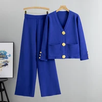 Elegant V-neck  Long Sleeve Sweater Cardigan +wide Leg Pants 2 Piece Sets Womens Spring Solid Color Casual Sweatshirts - Image 4