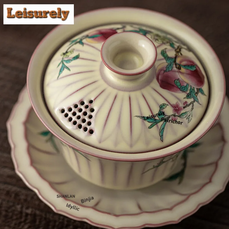 175ml Lard Jelly Ru Kiln Nine Peach Horse Hoof Gaiwan Vintage Tea Tureen Tea Bowl with Lid Kit Tea Making Cover Bowl for Tea