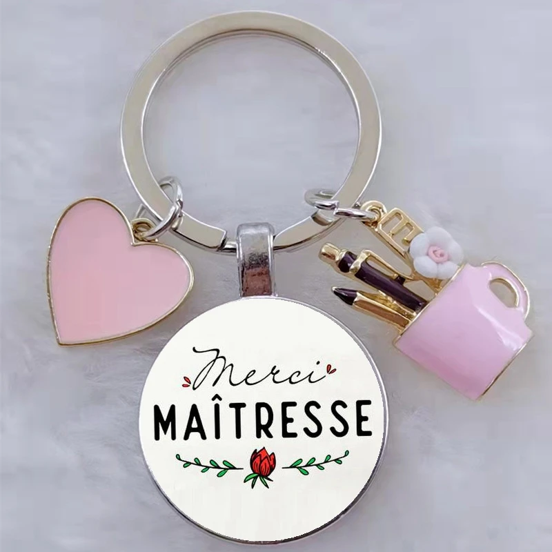 merci maitresse french letter word teacher's day gift keychain, enamel pen holder love pendant DIY keychain gift