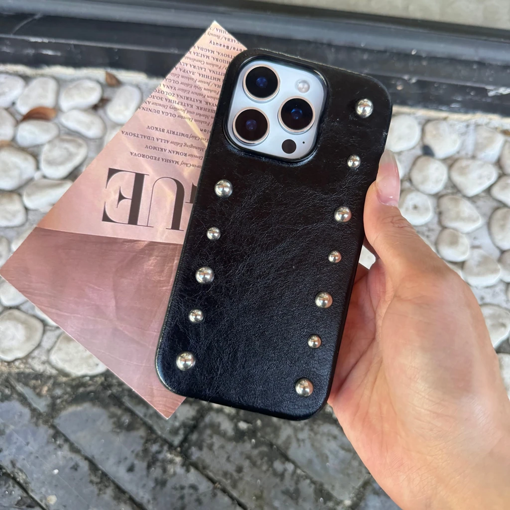 Advanced Black Leather Shock Proof Phone Cover with Stereoscopic Metal Rivets and Round Bead Design