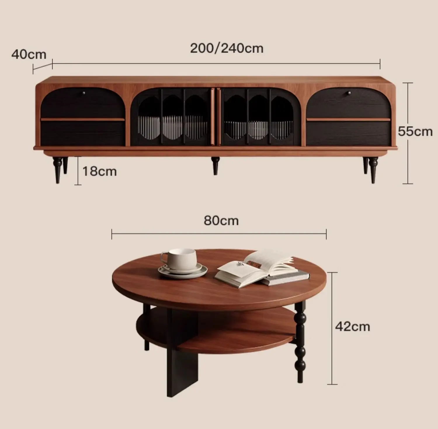 The Antique TV Cabinet Combo Set features a mid-century modern wooden TV stand (200/240×40×55cm) paired with a round coffee table (80×42cm), styled with books and a cup on top.