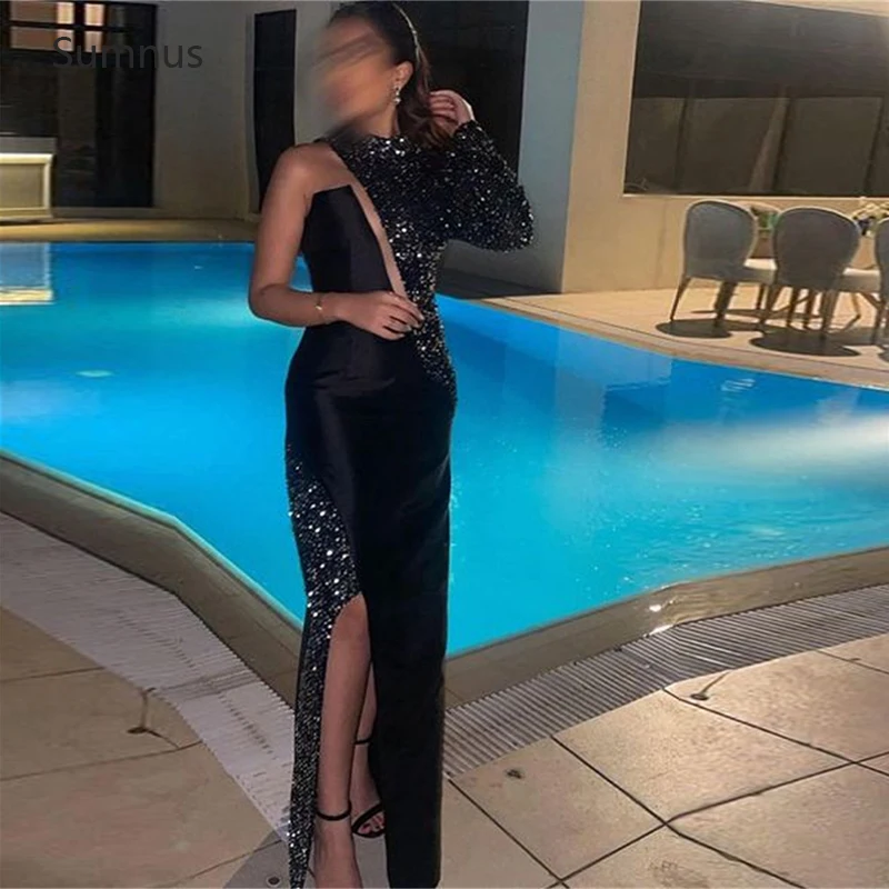 Sumnus Black Saudi Arabia Prom Dresses 2022 Sparkle One Shoulder Slit Beach Glitter Mermaid  Evening Dresses Robes De Soirée