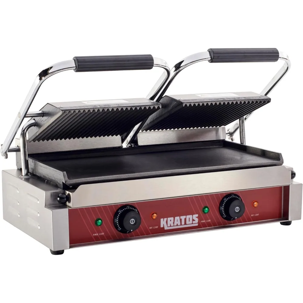 Commercial Electric Panini Sandwich Grill with Grooved Plates, 14" x 9" Cooking Surface, Commercial Countertop Panini Press,120V