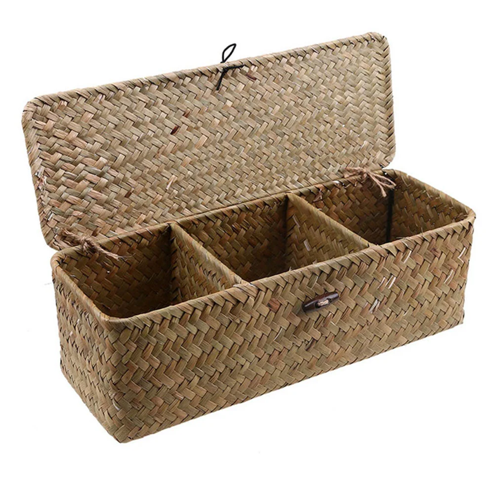 

Three Grids Woven Baskets Decor Storage Straw Lidded for Organizing Sundries Organizer Shelf