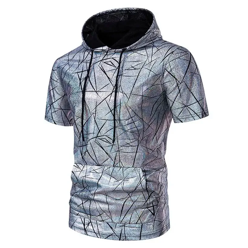 

Футболка мужская Глянцевая с капюшоном, короткий рукав, для сцены и танцев, Повседневная модная универсальная уличная одежда