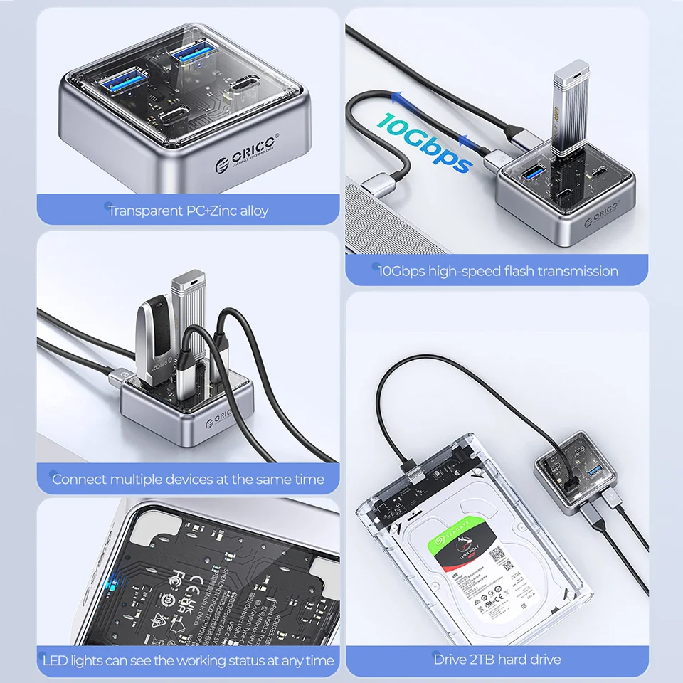 Orico-multi Hub Splitter para Laptop e pc Usb a tipo c 10gbps tipo c Multi Estação de Ancoragem Adaptador Extensor Portas - Imagem 4