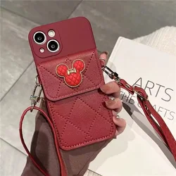 Cartoon Diamond Leather Wallet Case with Card Holder and Crossbody Lanyard Cover - iPhone 15 Pro Max (Red miqi)