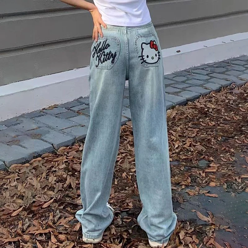 

Kawaii Anime Hello Kitty MINISO Jeans Cute Girl Straight Leg Wide Leg Pants Y2K Woman Retro High Waisted Pants Christmas Gift