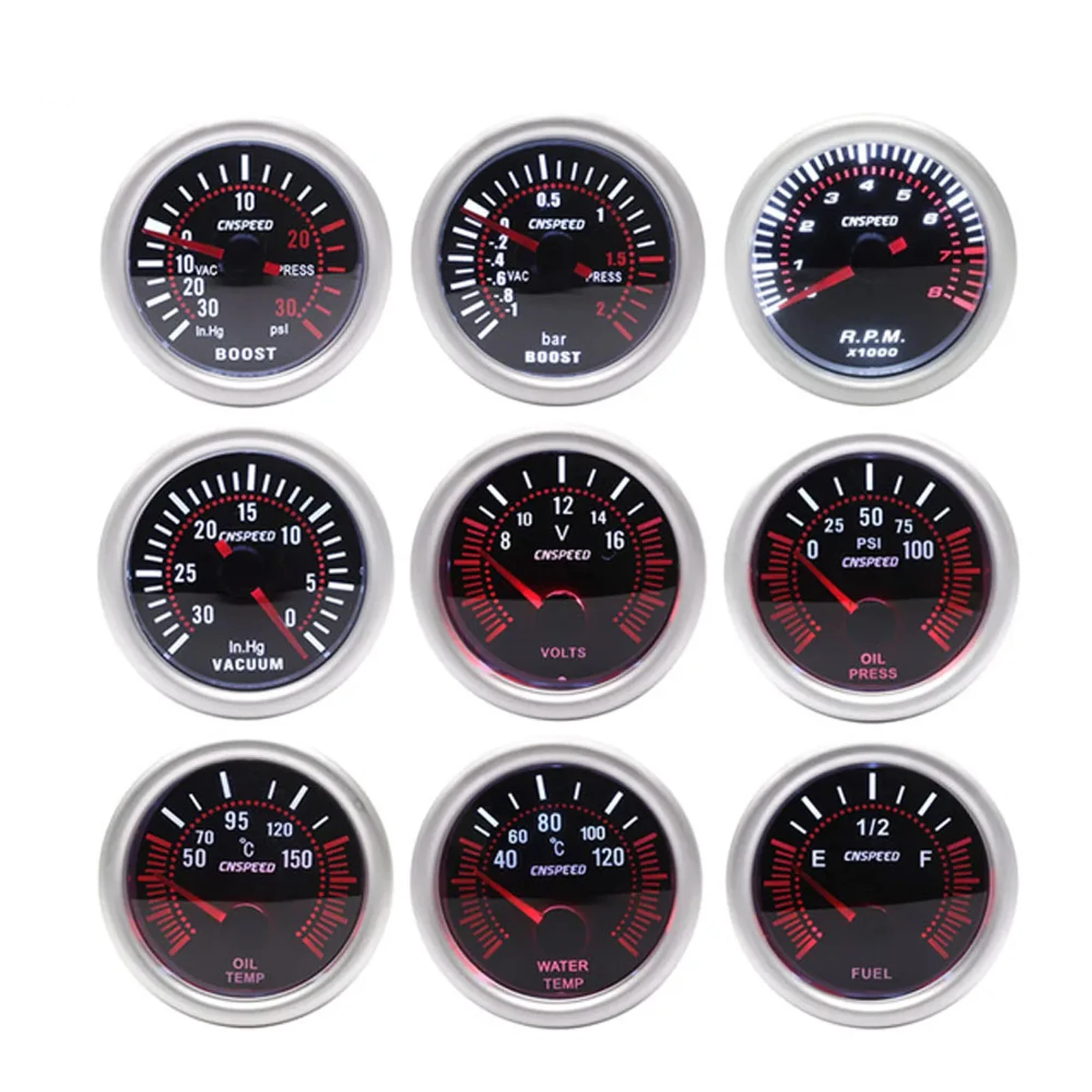 

2" 52mm Smoke Lens Booster Rod PSI Vacuum Water Temperature Oil Pressure Voltmeter Fuel Tachometer YC101309