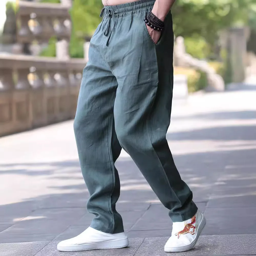 Mens Cotton Linen Summer Pants High Elastic Waist Wide Leg Trousers