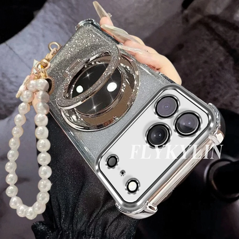 Enhanced Flashing Anti-Drop Phone Case with Makeup Mirror Holder and Pearl Chain