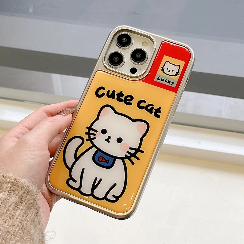 Cute Lucky Cat Glossy Back Cover Case For iPhone 16 15 13 14 12 Pro Max Plating Silver Bumper Phone Shell