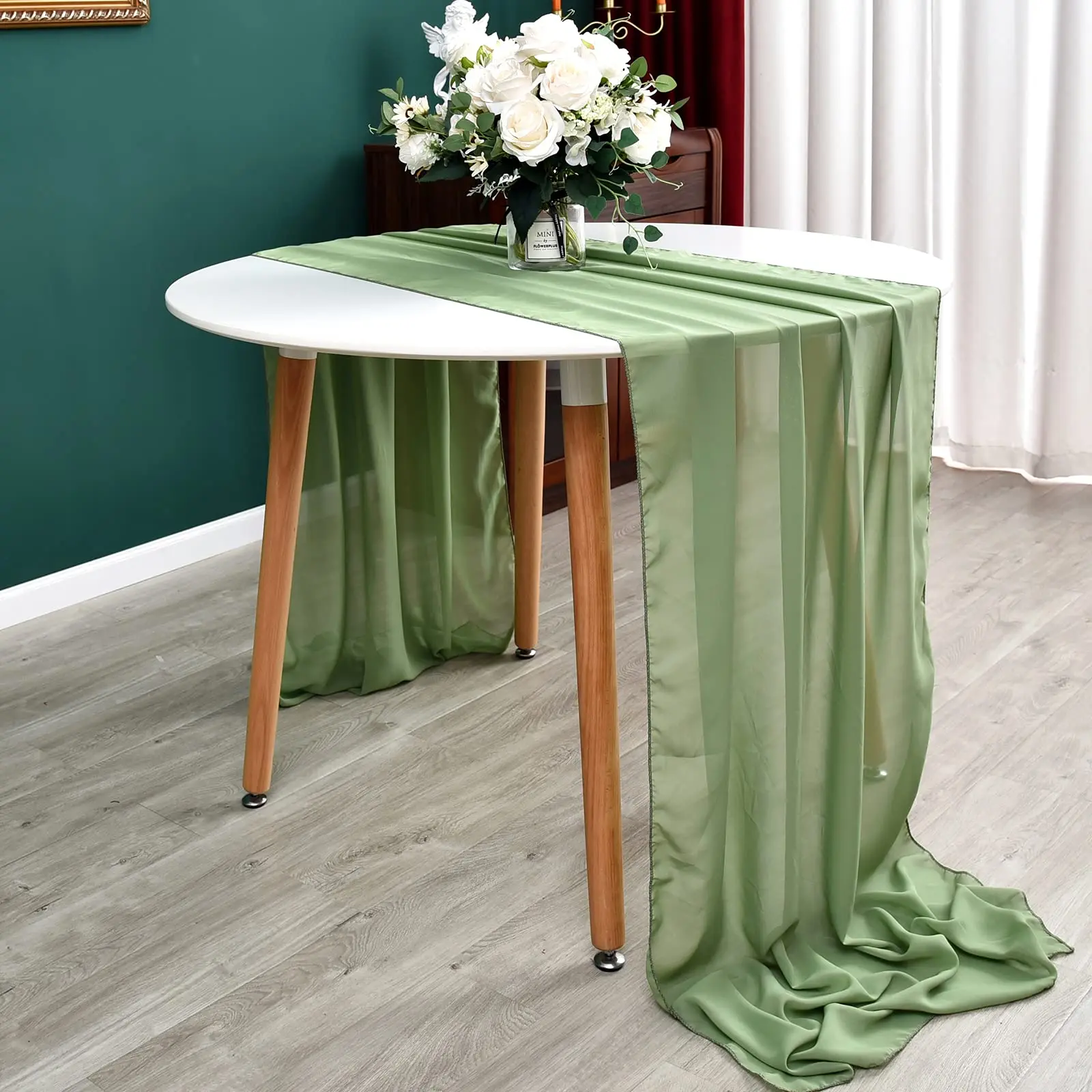 Sage Green Chiffon Table Runner - Elegant Sheer Vintage Decor for Weddings, Holidays, and Celebrations