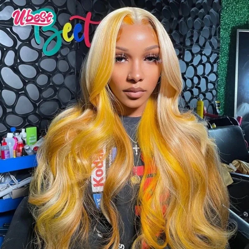 

Yellow Highlight Wig Human Hair Colored Yellow 13x6 Lace Front Human Hair Wigs for Women Peruvian Remy Wavy Full Lace Wigs