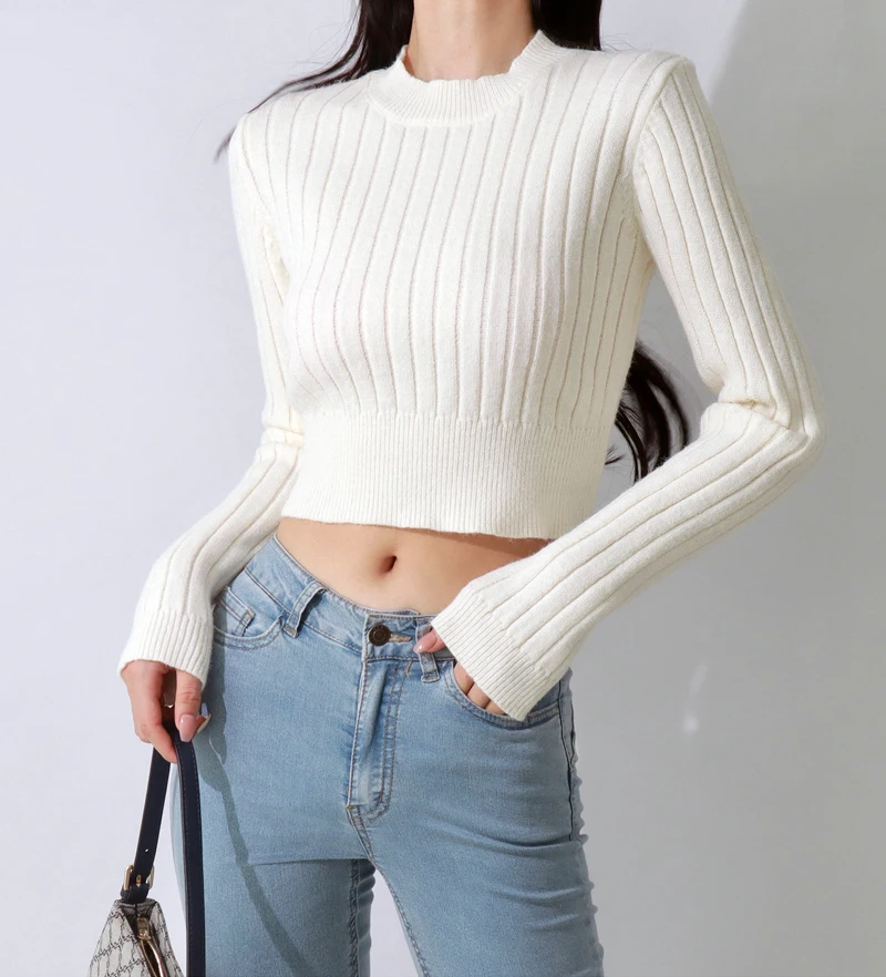 Women White Basic Style Crop Thick Knit Cropped Jumper