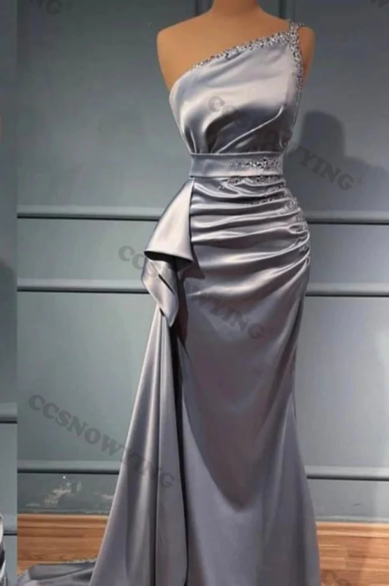 

Sexy Mermaid One Shoulder Prom Dress Satin Beaded Evening Dresses Women Formal Party Gowns Robes De Soirée