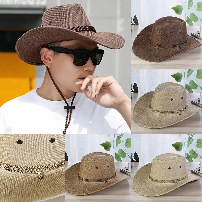 Western Cowboy Hat Retro Sheriff Cap Sunscreen With Wind Rope Hat Men And Women Horseback Riding Tourism Fishing Sunshade Cap 2