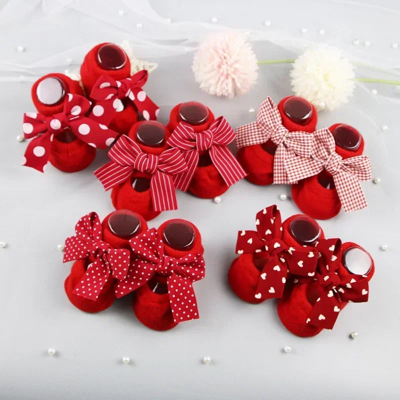 Spring Newborn Indoor Cotton Floor Socks Infant Anti Slip Bow Dot Socks Baby Girl Boys Rubber Soles Baptism Gifts