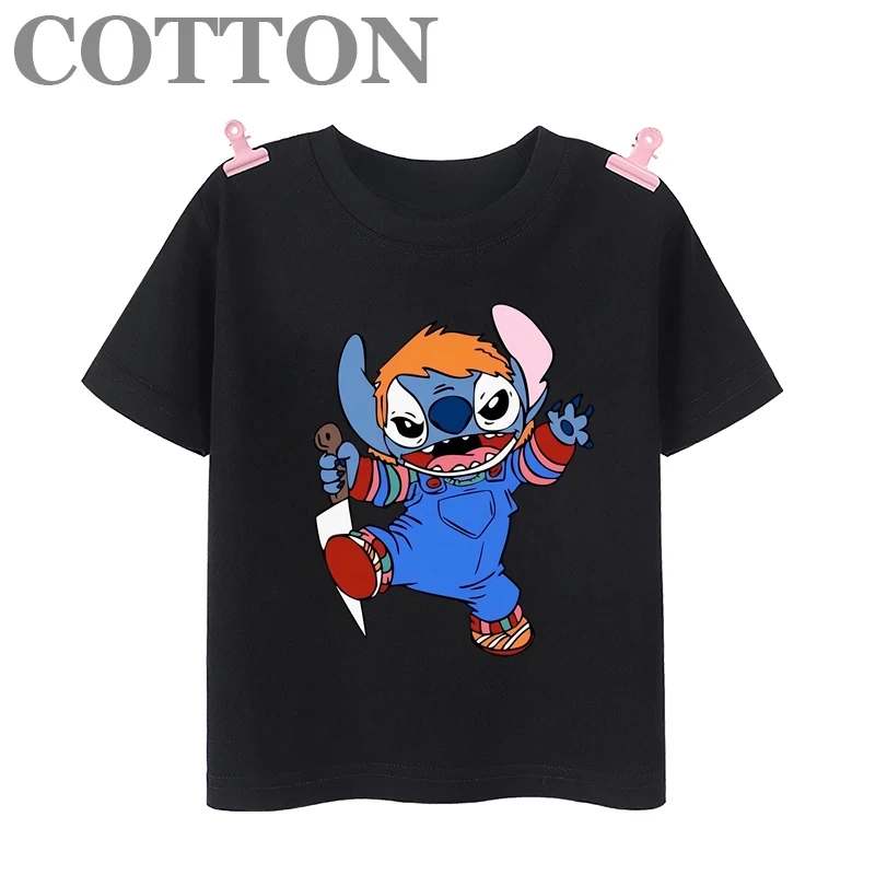 2024 Disney Anime Stitch Moda Verano Niños Múltiples Dibujos Animados Algodón Camisetas Cuello Redondo Casual Manga Corta Estampado Patrón