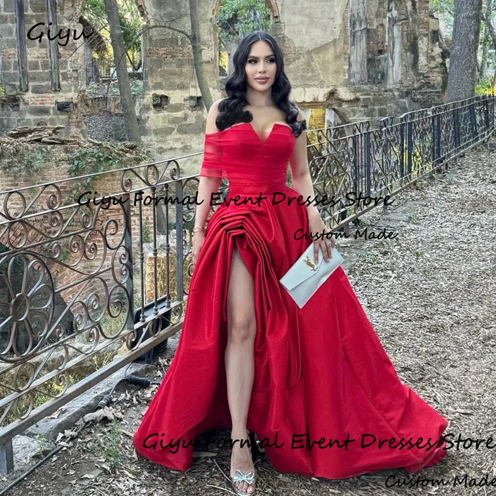 

Giyu Exquisite Side High Slit Wedding Dress Photo Shoot Red Detachable Tulle Shawl Evening Gown Dress Sweep Train Bridal Gown