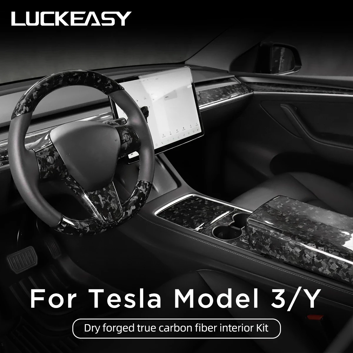 3K240G zestaw modyfikacji wnętrza z włókna węglowego dla Tesla Model3 Model Y 2023 samochodów kierownicy centrum sterowania dekoracji