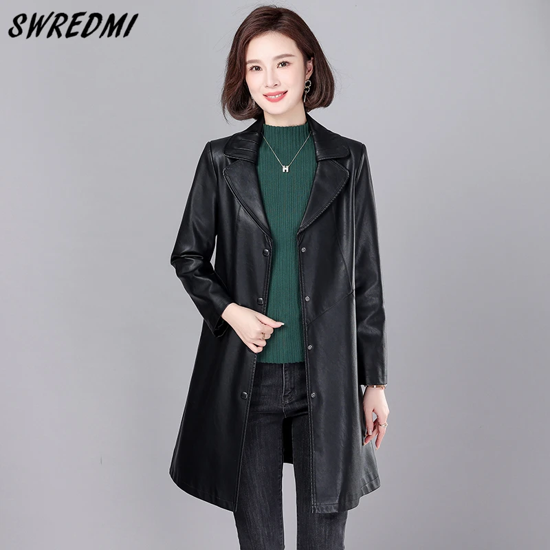 

Long Leather Trench Women Fashion Turn-Down Collar Clothing For Spring And Autumn Office Lady Jacket Coat Female SWREDMI