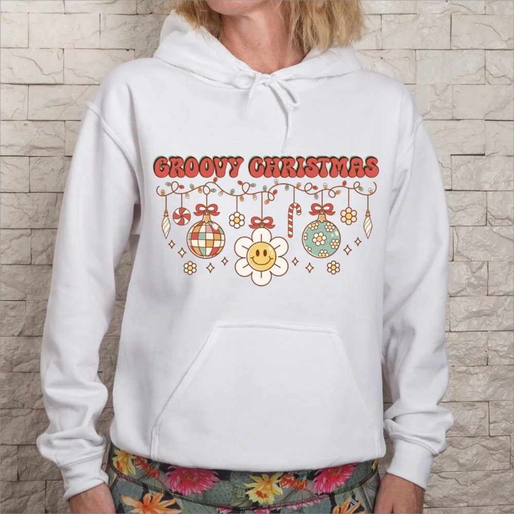 Groovy Christmas Graphic Sweatshirts Retro Christmas Festive Holiday Print Hoodies Pullover Winter Clothes Women