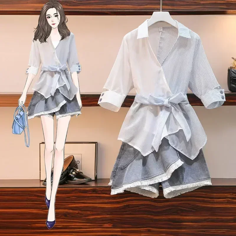 

2024Big Yards Fat Younger Sister Summer New Fashion Show Thin Shirt Cowboy Irregular Culottes Two-piece Elegant Ladies Suit