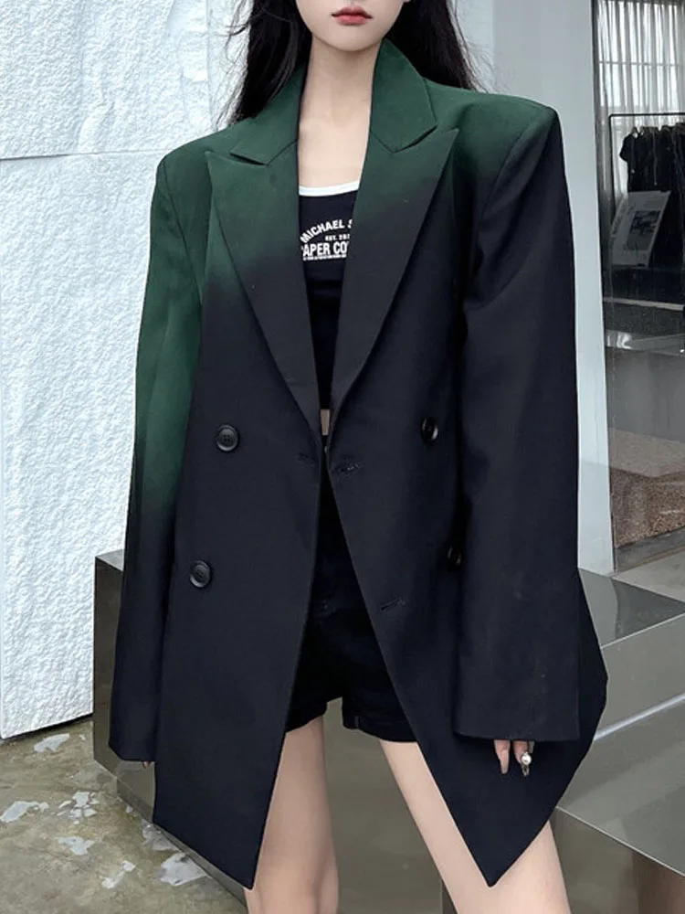 

SONNEESD Streetwear Fashion Harajuku Style Coat Vintage Personality Gradient Green Design Full Sleeve Neutral Loose Suit Coat