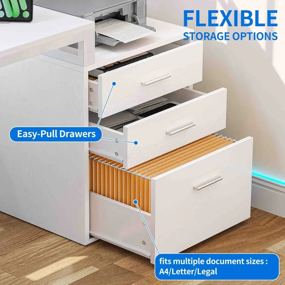 Office Furniture Desk Sets ,65" L Shaped Desk With Power Outlets And Monitor Stand , Computer Desk With LED Light &File Cabinet 2