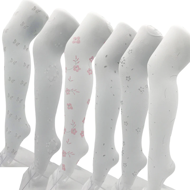 Spring 80D Kids Opaque White Nylon Printed Floral Butterfly Velvet Stretchy Tights Children Wedding White Graphic Tights kids socks kids pantyhose toddler tights kids leggings