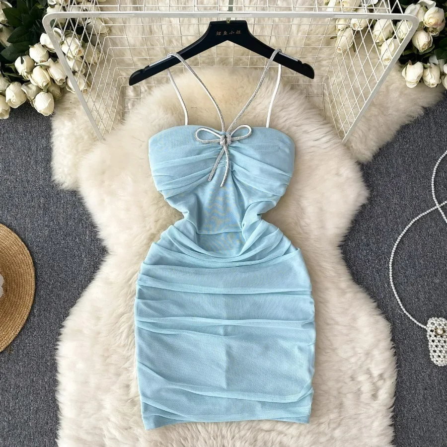 

New2024 Women's Fashion Drawstring Strap Dress Women Pleated Backless Off Shoulder American Streetwear Sexy Slim Mesh Mini Dress