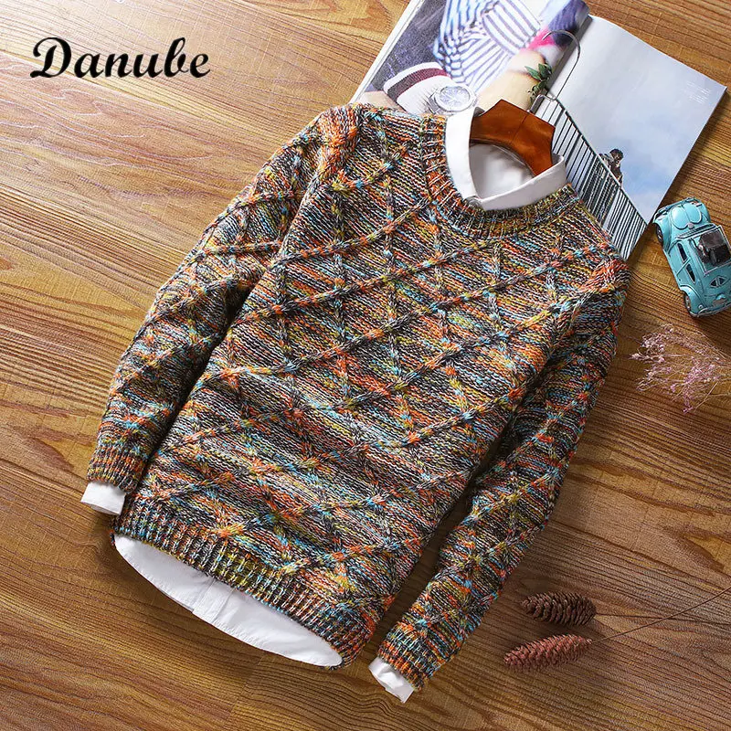 

Vintage Colored Knitted Sweater Men Autumn Winter O-Neck Harajuku Oversize Pullover Male Hip Hop Streetwear Loose Knitwear Tops