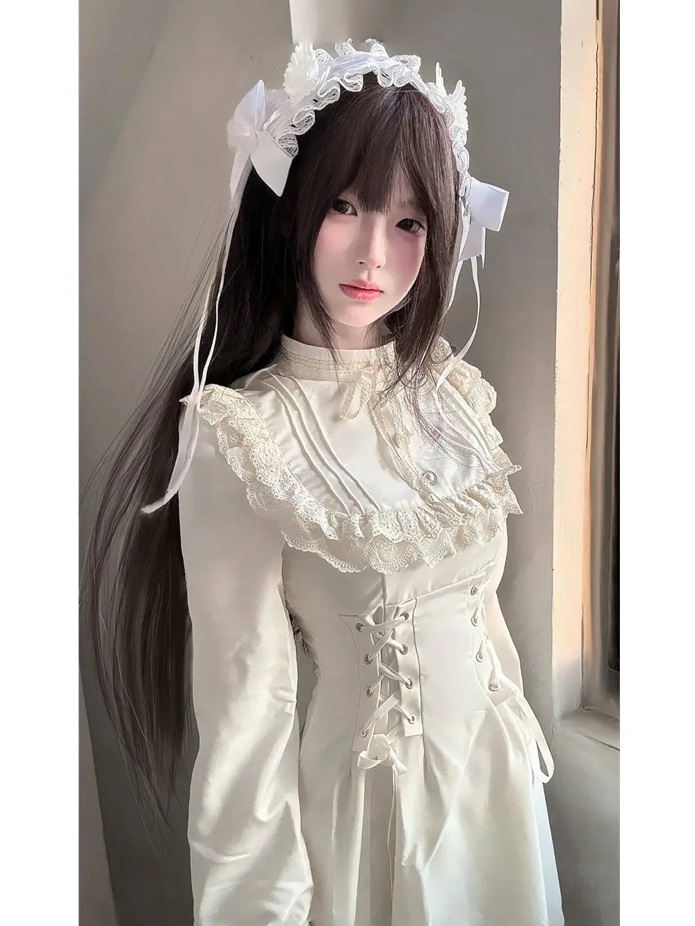 Japanese Style Kawaii Lace-up Midi Dresses Women Princess Party Dress Long Sleeve O-neck High Waist Y2K Gothic Vestidos Mujer