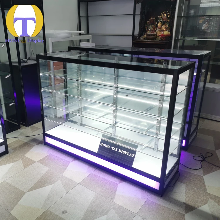 맞춤형 공장 직영 LED 스모크 샵 디스플레이 슬라이딩 미러 도어 알루미늄 강화 유리 캐비닛 소매점 매장 저렴한 가격