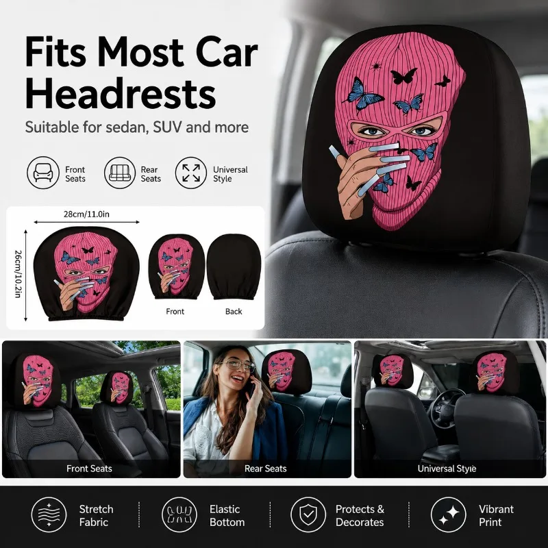Pink Butterfly Mask Car Headrest Cover Universal Stretch Seat Protector Interior Decoration for Sedan SUV 11x10.2in Auto Decor