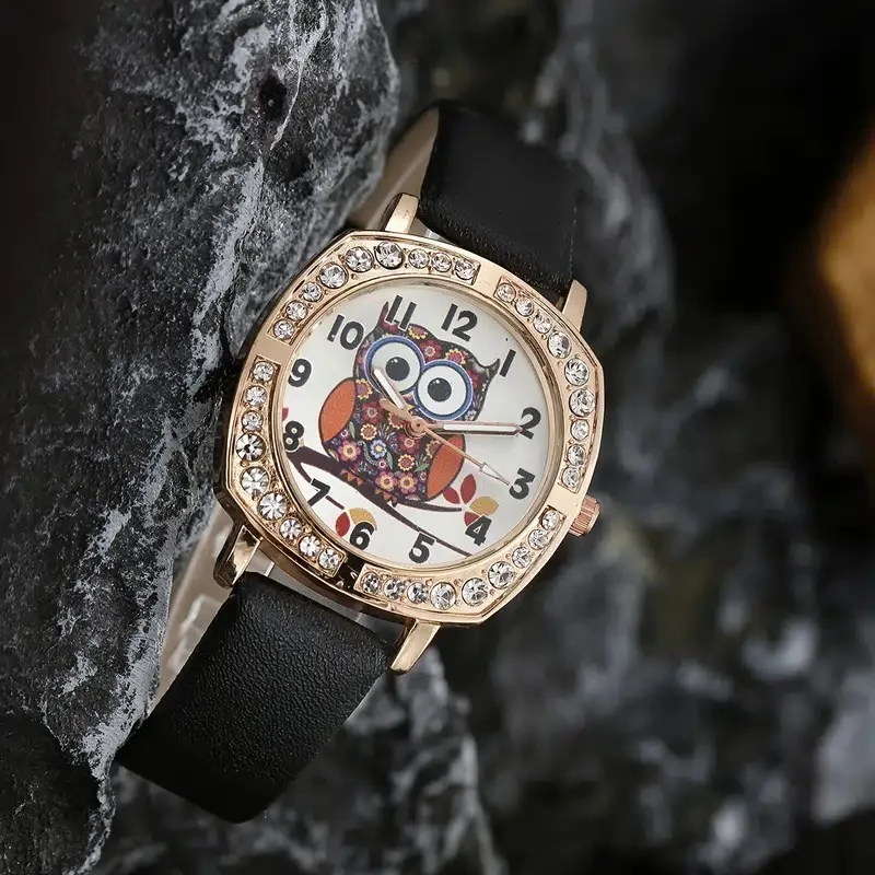 High quality classic1pc Fashion Luxury Rhinestone Square Case Ladies Cartoon Owl Watch + 1pc Bracelet clock luxury style