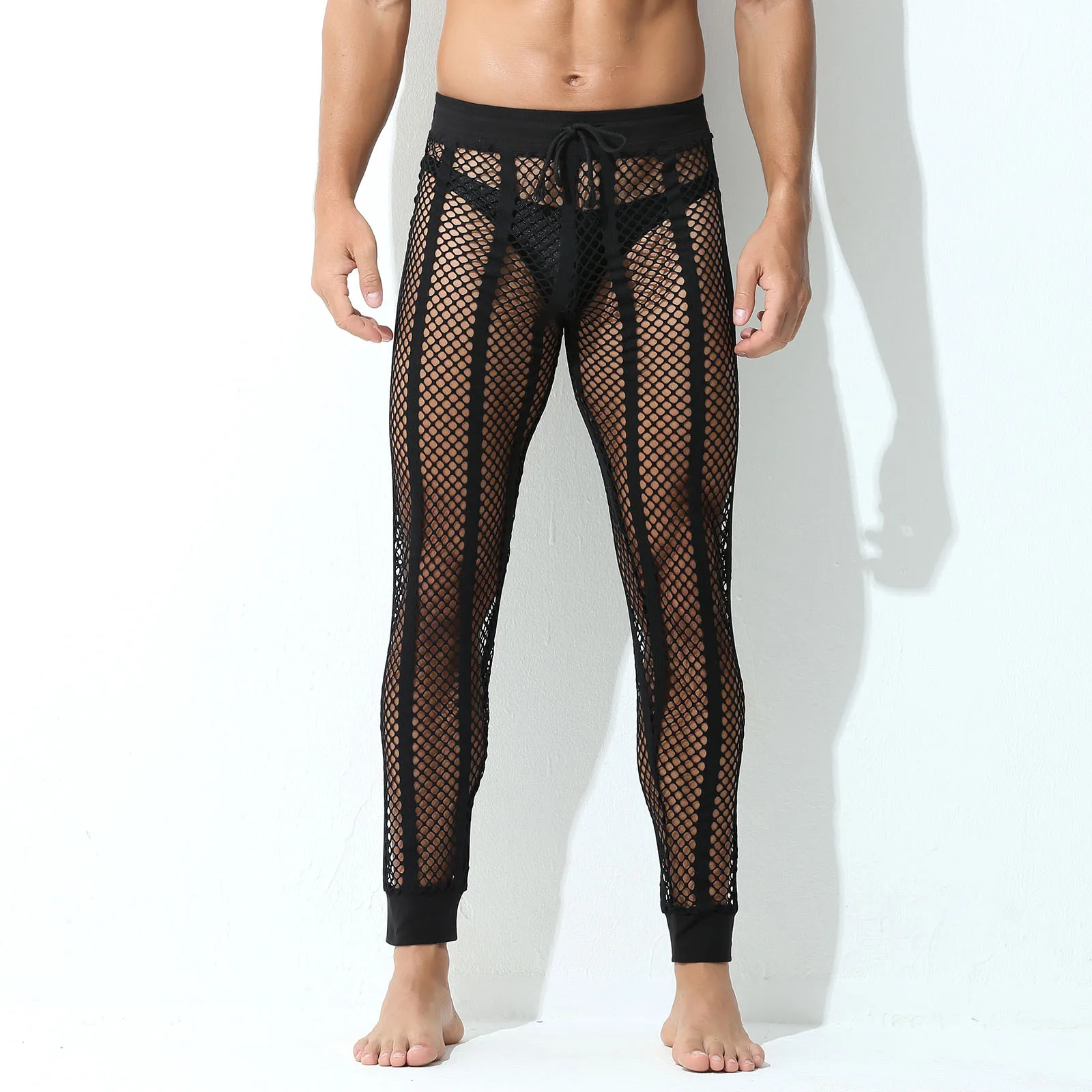 

Летние мужские сексуальные ажурные брюки Pantalones Hombre, прозрачные дышащие пижамы, сетчатые полосатые брюки для ночного клуба