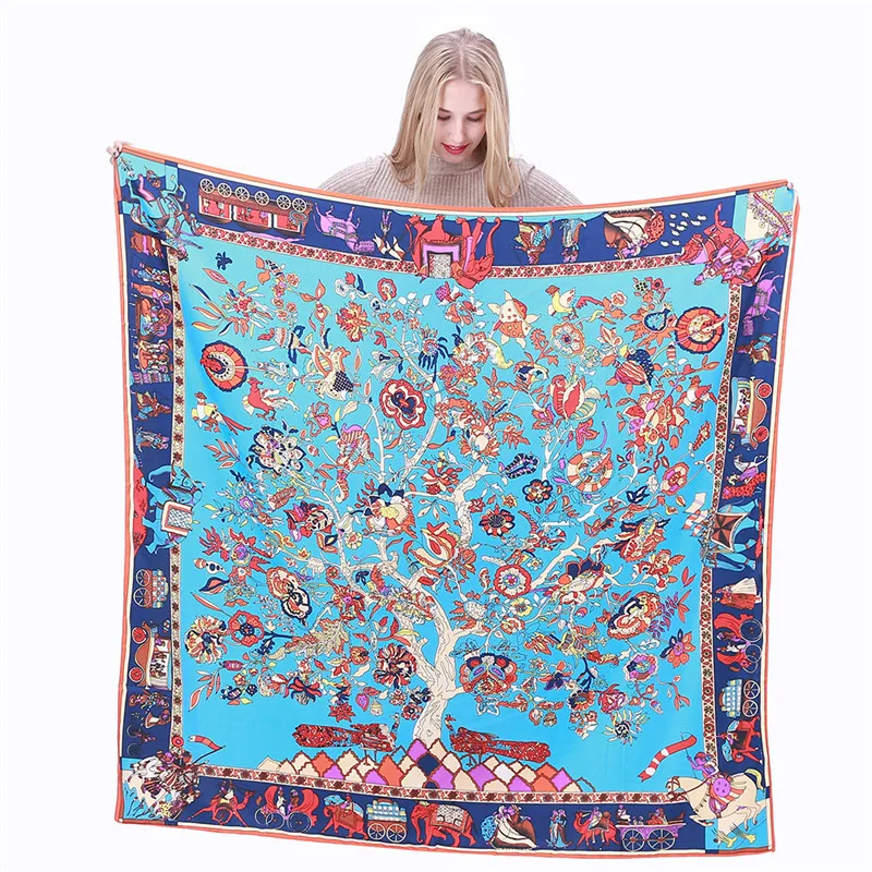 LESIDA – foulard carré en soie Pure pour Femme, grand châle, étoles, imprimé arbre, bandana enveloppant, 130x130CM, 1303