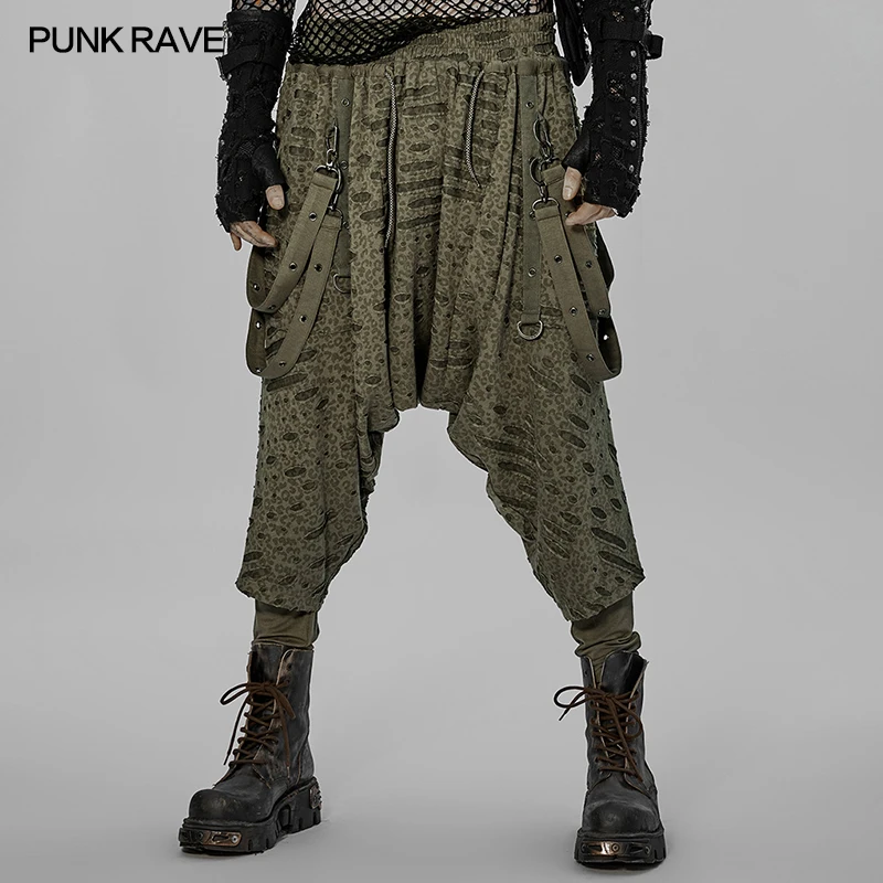 

PUNK RAVE Men's Dark Elastic Waist Loose Holes Crotch Pants Punk Fashion Free Casual Trousers Spring & Autumn Streetwear