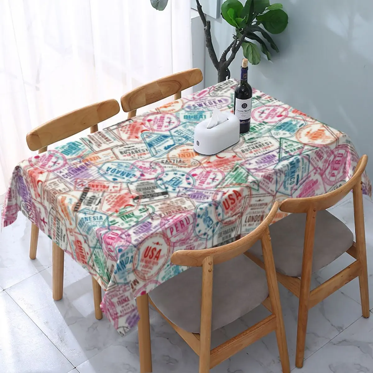 

Rectangular Fitted Passport Stamps Table Cloth Oilproof Tablecloth 45"-50" Table Cover Backed with Elastic Edge