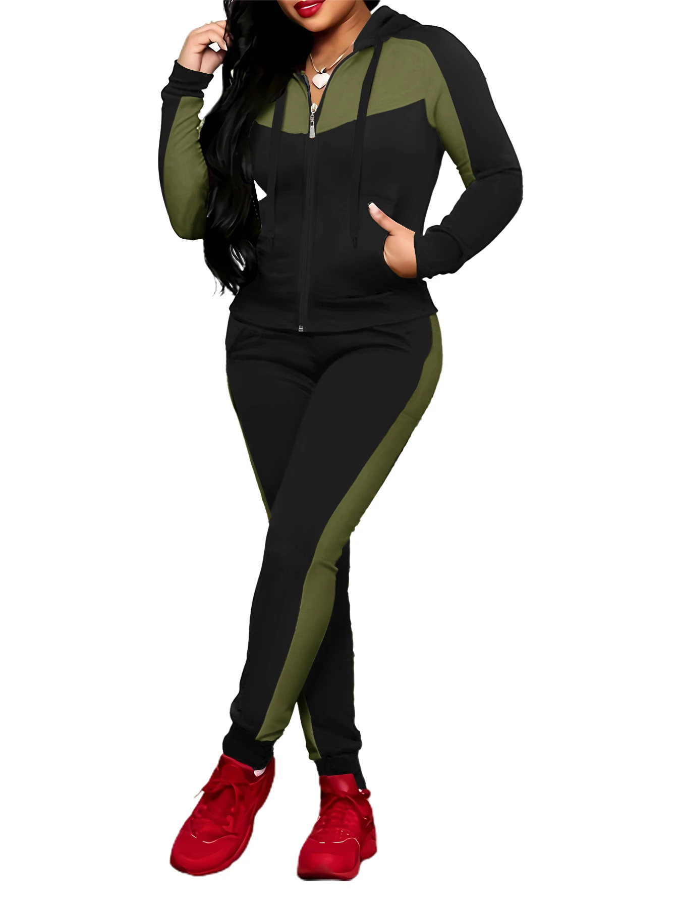 Two-piece Set Women's Colorblock Zip UpHoodie & Pocket Pants, Casual Long SleeveHooded Sweatshirt & Jogger Pants for DailyWear, 3